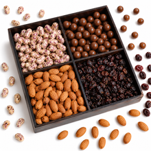 Load image into Gallery viewer, The Gourmet Reserve premium Diwali gift hamper with rose cashews, almonds, paan shots, and chatpata cranberries in an elegant gift box