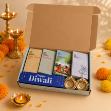 Load image into Gallery viewer, Healthy Diwali Hamper with premium healthy snacks, festive metal diyas, greeting card, and elegant Diwali gift box for corporate and festive gifting.