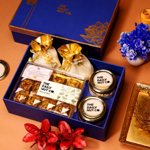 Load image into Gallery viewer, premium gourmet snack hamper with dry fruits and healthy treats elegant gift box
