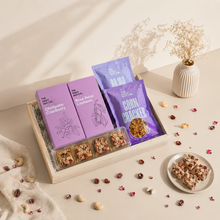 Load image into Gallery viewer, The Royal Bliss Box premium Diwali gift hamper with rose petal cashews, dry fruit barfi, chatpata cranberry, wholesome snacks, and elegant festive packaging