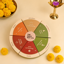Load image into Gallery viewer, Festive Essentials Hamper with gourmet snacks, festive décor, metal diyas, toran, rangoli, photo magnet, and premium Diwali gift packaging.