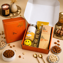 Load image into Gallery viewer, Healthy Choice Hamper with premium nuts, dry fruit barfi, healthy snacks and wellness gifts
