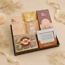 Load image into Gallery viewer, The Golden Memories Hamper premium Diwali gift hamper with gourmet cookies, almonds, healthy snacks, Not Just Barfi, and personalized photo magnet
