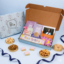 Load image into Gallery viewer, birthday luxe gift hamper with snacks keepsakes coasters and personalized birthday card
